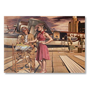 Eski Uçak Pilot Ve Kırmızı Elbiseli Kadın Mdf Ahşap Tablo 25x35 cm