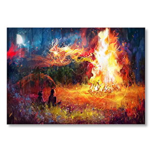 Gece Ormanda Kamp Ateşi Ve Yüksek Alevler Mdf Ahşap Tablo 50x70 cm