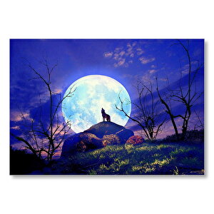Çıplak Ağaçlar, Uluyan Kurt Ve Süper Ay Mdf Ahşap Tablo 50x70 cm