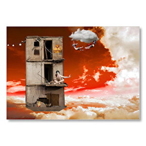 Metruk Bina, Trapezciler Ve Bulutlar Mdf Ahşap Tablo 35x50 cm