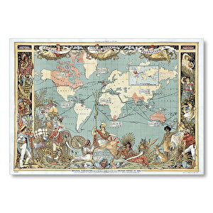 Dünya Haritası Ve Bazı Halklar 1886 Yılı Mdf Ahşap Tablo 25x35 cm