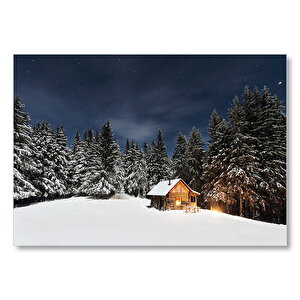 Karlı Ağaçlar Açık Gökyüzü Ve Orman Kulübesi Mdf Ahşap Tablo 35x50 cm