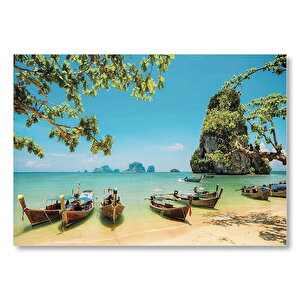 Tayland Krabi Sahilinde Kayıklar Mdf Ahşap Tablo 35x50 cm