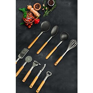 9 Parça Ahşap Saplı Servis Gereçleri Seti - Kahverengi C1-1-18
