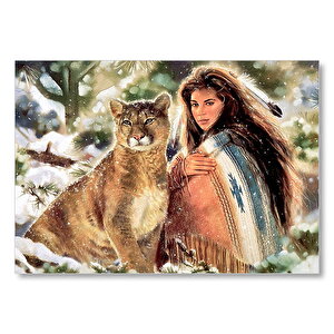 Kızılderili Kız Ve Dağ Kedisi Görseli Mdf Ahşap Tablo 50x70 cm