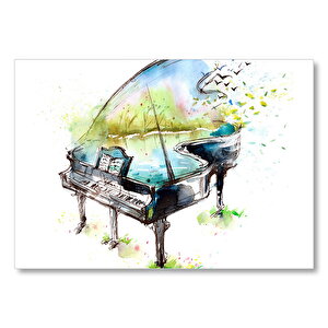 Piyano Göl Ve Kuşlar Sulu Boya Efektli Mdf Ahşap Tablo 25x35 cm