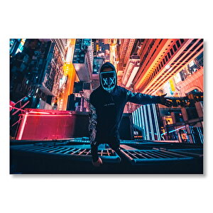 Neon Maskeli Adam Ve Gökdelenler Mdf Ahşap Tablo 25x35 cm