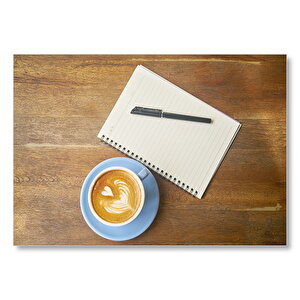 Bir Fincan Latte Defter Ve Kalem Mdf Ahşap Tablo 35x50 cm