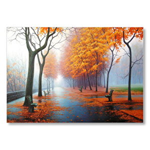 Sonbahar Rengi Ağaçlar Sis Ve Boş Banklar Mdf Ahşap Tablo 50x70 cm