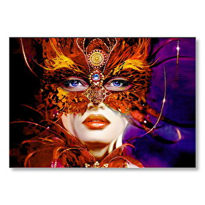 Kırmızı Tüylü Maskeli Kadın Görseli Mdf Ahşap Tablo 50x70 cm