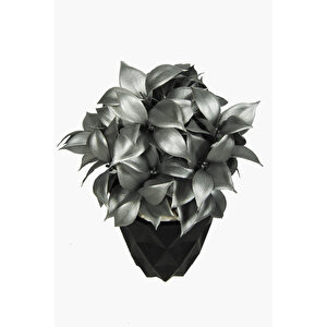 Yapay Çiçek Siyah Elmas Saksıda Çakıl Taşı Detaylı Gümüş Renkli Limon Ağacı Yaprağı Demeti