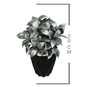Yapay Çiçek Siyah Elmas Saksıda Çakıl Taşı Detaylı Gümüş Renkli Limon Ağacı Yaprağı Demeti