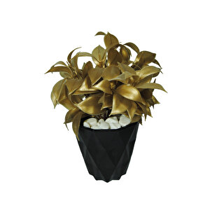 Yapay Çiçek Siyah Elmas Saksıda Çakıl Taşı Detaylı Gold Limon Ağacı Yaprağı Demeti