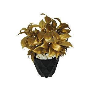Yapay Çiçek Siyah Elmas Saksıda Çakıl Taşı Detaylı Gold Limon Ağacı Yaprağı Demeti