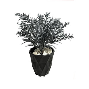 Yapay Çiçek Siyah Elmas Saksıda Çakıl Taşı Detaylı Gümüş Renkli Ihlamur Demeti