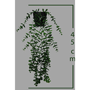 Yapay Çiçek Siyah Elmas Saksıda Tek Dal 17 Yapraklı Yeşil Okaliptus Sarkıt