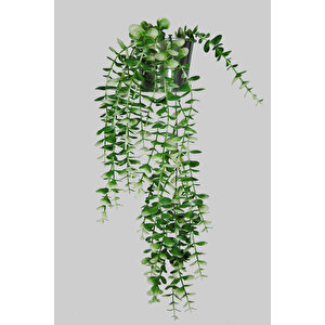 Yapay Çiçek Metal Saksıda Çakıl Taşı Detaylı Beyaz - Yeşil Okaliptus Sarkıtı