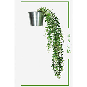 Yapay Çiçek Metal Saksıda Çakıl Taşı Detaylı Beyaz - Yeşil Okaliptus Sarkıtı