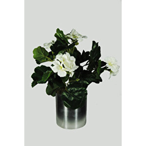 Yapay Çiçek Metal Saksı İçerisinde Beyaz Sardunya Demeti