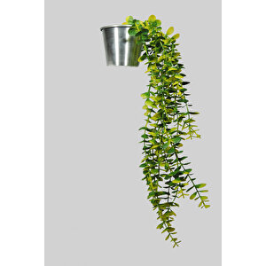 Yapay Çiçek Metal Saksıda Çakıl Taşı Detaylı Sarı - Yeşil Okaliptus Sarkıtı