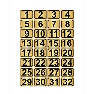 Metal Kapı,masa,dolap Numarası 10cmx15cm 32 Adet Dikdörtgen (1…32) Altın Renk Metal