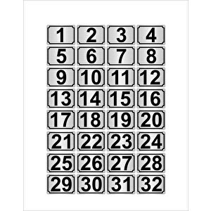 Metal Kapı,masa,dolap Numarası 10cmx15cm 32 Adet Dikdörtgen (1…32) Gümüş Renk Metal