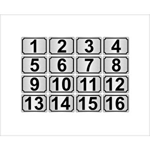 Metal Kapı,masa,dolap Numarası 10cmx15cm 16 Adet Dikdörtgen (1…16) Gümüş Renk Metal