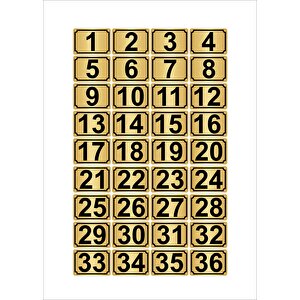 Metal Kapı,masa,dolap Numarası 7cmx10cm 36 Adet Dikdörtgen (1…36) Altın Renk Metal