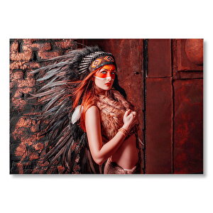 Kırmızı Işık Üstüne Yansımız Kızılderi Kıyafetli Kadın Görseli Mdf Ahşap Tablo 50x70 cm