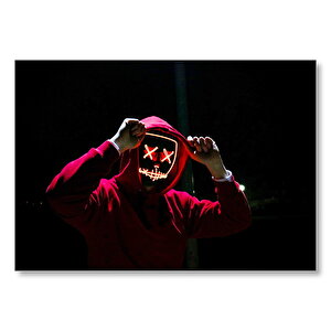 Neon Maskeli Kapşonlu Adam Karanlık Arka Plan Mdf Ahşap Tablo 35x50 cm