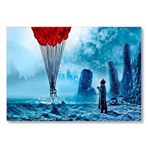 Kıyamet Sonrası Romantik Kırmızı Balonlar Mdf Ahşap Tablo 25x35 cm