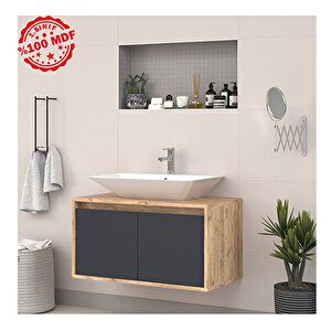 Lavabolu Asma Banyo Dolabı 85 Cm Ahşap-antrasit