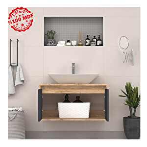 Lavabolu Asma Banyo Dolabı 85 Cm Ahşap-antrasit
