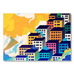 Renkli Gökdelenler Ve Bulutlar Mdf Ahşap Tablo 35x50 cm