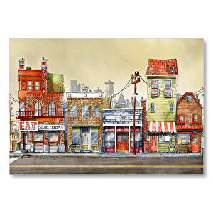 Sokakta Binalar Ve Dükkanlar Karikatürize Mdf Ahşap Tablo 50x70 cm
