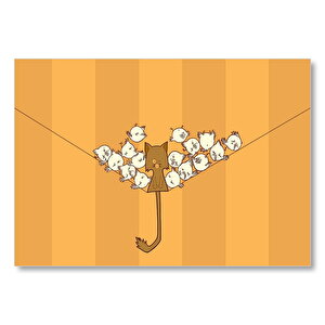 İp Üzerinde Karikatür Kedi Ve Kuşlar Görseli Mdf Ahşap Tablo 25x35 cm