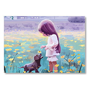 Küçük Kız Sarı Çiçekler Ve Yavru Köpek Mdf Ahşap Tablo 35x50 cm