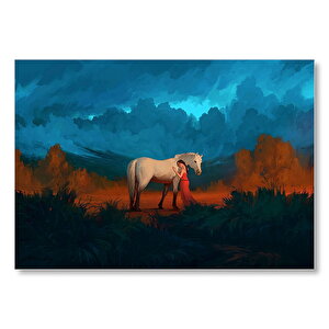 Genç Kız Beyaz At Ve Bulutlu Gökler Mdf Ahşap Tablo 35x50 cm