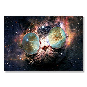 Güneş Gözlüklü Kedi Ve Galaksiler Mdf Ahşap Tablo 25x35 cm