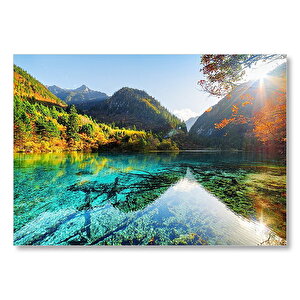 Güneş Göl Dağ Orman Manzarası Görseli Mdf Ahşap Tablo 25x35 cm