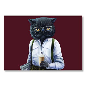 Hipster Kedi Kahve Ve Gazetesiyle Mdf Ahşap Tablo 35x50 cm