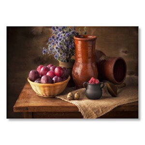 Kırmızı Erik Sepet Kavsnoz Mavi Çiçek Demeti Konsepti Görsel Mdf Ahşap Tablo 25x35 cm