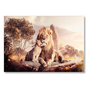Doğada Aslan Ve Yavrusu Görseli Mdf Ahşap Tablo 50x70 cm