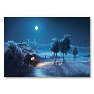 Ay Gecesi Yalnız Ev Ağaçlar Görseli Mdf Ahşap Tablo 25x35 cm