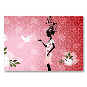 Beyaz Elbiseli Kadın Ve Güvercin Mdf Ahşap Tablo 50x70 cm