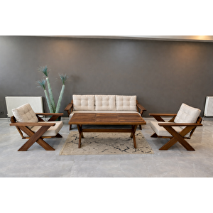 Verona Masif Ahşap Bahçe Balkon Koltuk Takımı Kestane Ağacı - 1 Adet Üçlü 2 Adet Tekli Ve Masa Krem