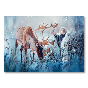 Karda Bir Çocukla Ren Geyiği Görseli Mdf Ahşap Tablo 35x50 cm