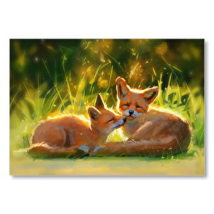 Güneşlenen İki Kızıl Tilki Görseli Mdf Ahşap Tablo 50x70 cm