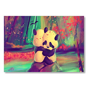 İki Pandanın Kucaklaşması Doğa Yağlı Boya Resmi Mdf Ahşap Tablo 35x50 cm