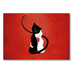 Kırmız Zemin Siyah Ve Beyaz Kedi Mdf Ahşap Tablo 35x50 cm